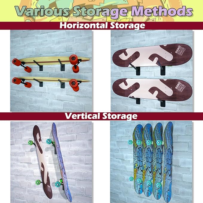 Skateboard Wall Mount Skateboard Hanger Skate Deck Display Holder Skateboard Hook Ski Rack for Garage Longboard Rack Snowboard Storage (4pcs)