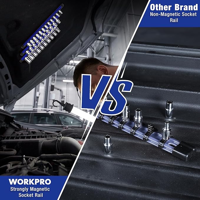 WORKPRO Magnetic Socket Organizer, 1/4-Inch Drive Aluminum Alloy Sockets Rail, Heavy Duty Sockets Holder, Socket Rack Kit 1/4-Inch x 12 Clips (Blue)