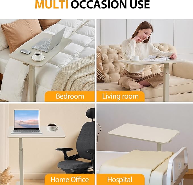 Overbed Table with Hidden Wheels, Height Adjustable Medical Bed Table Hospital Bedside Table, 28" W x 16" D Rolling Laptop Standing Desk for Home & Office, Greyish White