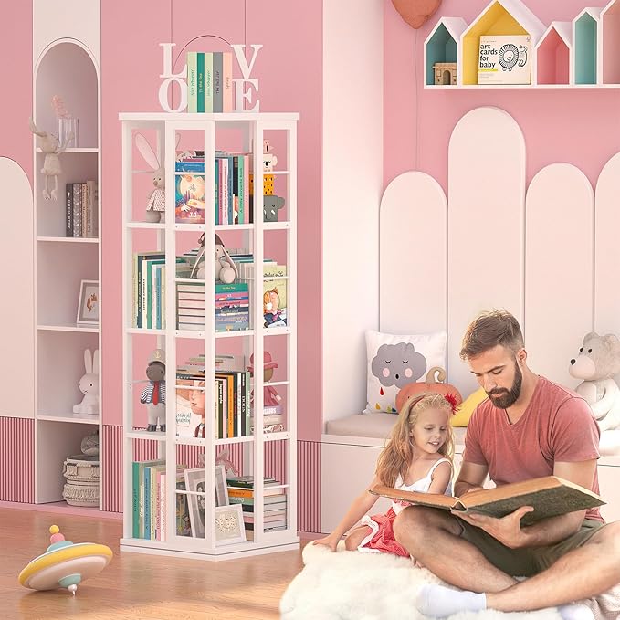 Aheaplus Rotating Bookshelf, 4-Tier Corner Bookshelf, 360 Display Wood Spinning Bookshelfs, Floor Standing Bookcase Narrow Shelf Revolving Organizer Storage Rack for Small Space, Study Room, White