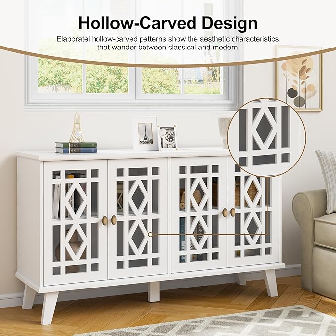 Scurrty 52" Buffet Cabinet with Storage,Sideboard with 4 Doors, Skeletonized Coffee Bar with Storage, Sideboard Cabinet for Dinning Room, Kitchen & Living Room (White)