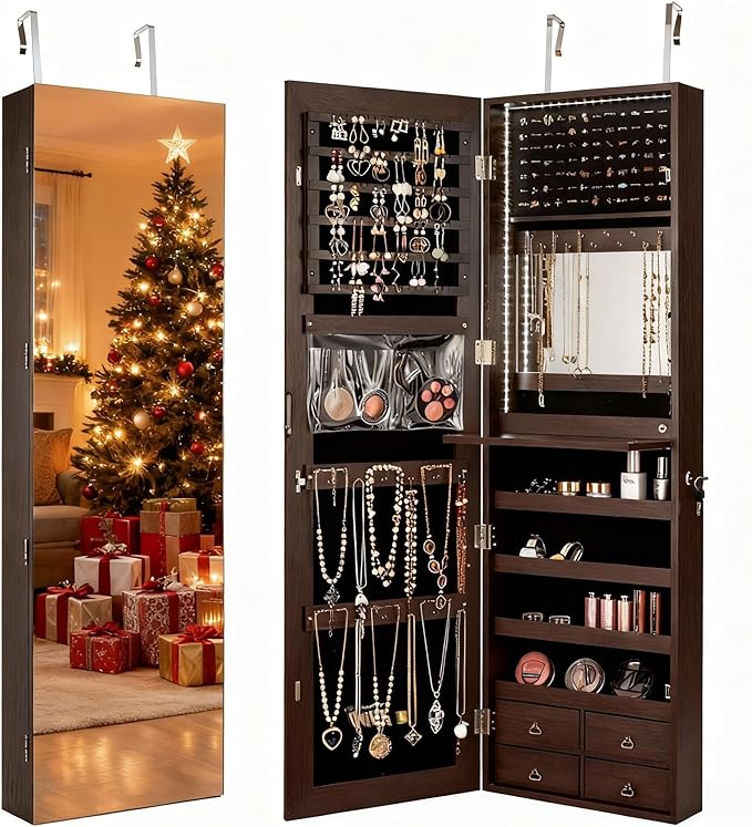 LDAILY 47” LED Jewelry Armoire, Door/Wall Mounted Mirror w/Storage, 4 Shelves, 4 Drawers, Full Length Mirror & Flip-up Makeup Tray, Lockable Jewelry Organizer Cabinet for Women & Girls, Gift (Coffee)