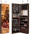 LDAILY 47” LED Jewelry Armoire, Door/Wall Mounted Mirror w/Storage, 4 Shelves, 4 Drawers, Full Length Mirror & Flip-up Makeup Tray, Lockable Jewelry Organizer Cabinet for Women & Girls, Gift (Coffee)
