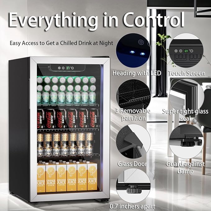 3.0 Cu.ft Beverage Refrigerator Cooler, 105 Can Mini Fridge with Glass Door, Digital Temperature Display for Soda, Beer or Wine For Office Bar with Adjustable Removable Shelves