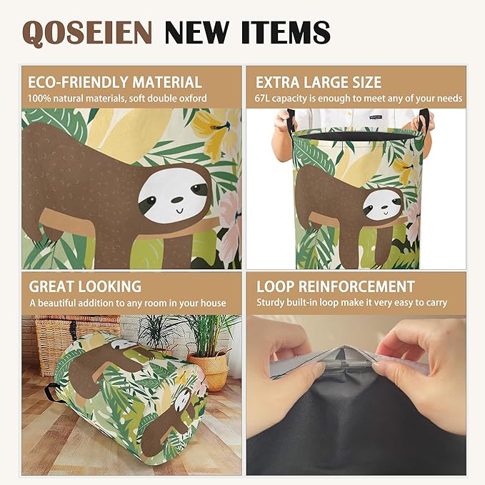 Laundry Hamper,Cute Funny Sloth Laundry Basket,Palm Leaf Waterproof Oxford Cloth Storage Basket with Handle for Clothes Books Nursery Home Storage Sundries 16"x20"