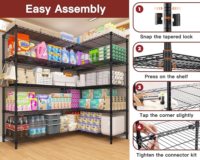 PrimeZone 5 Tier 72" W x 16''D x 76''H Metal Storage Wire Shelves - Heavy Duty Standing Garage Shelving Unit, Adjustable Steel Wire Rack Utility Shelf for Warehouse Kitchen Pantry Corner, Black