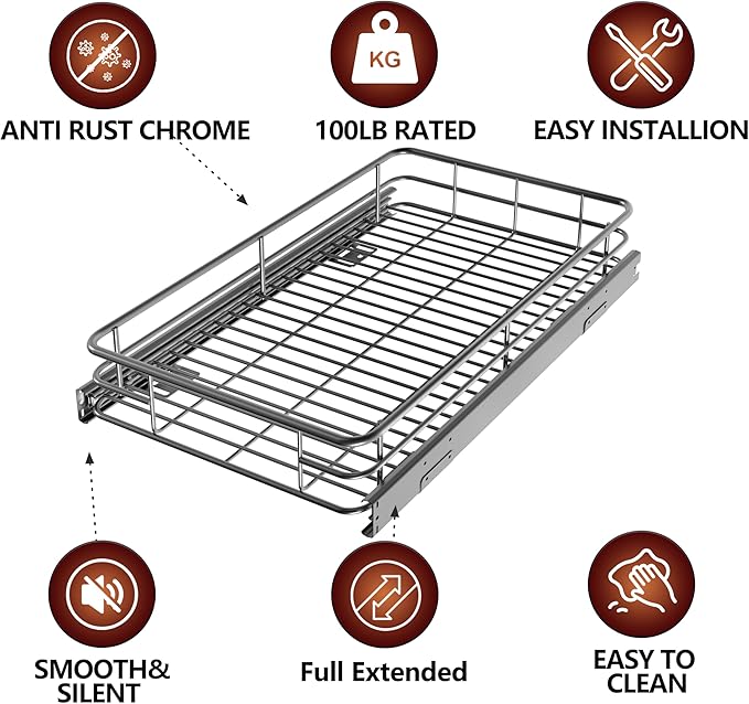 Pull Out Cabinet Organizer (22" W x 21" D), Slide Out Shelves for Kitchen Cabinets, Pull Out Drawers Heavy-Duty Metal Rolling Shelf, Chrome Finish