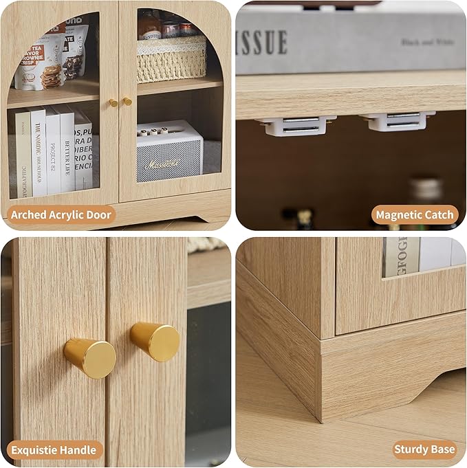 Farmhouse Floor Storage Cabinet with Arched Acrylic Door, 27" Short Accent Display Sideboard Buffet Cabinet with Adjustable Shelf for Living Room, Bathroom, Kitchen Coffee Bar (Natural)
