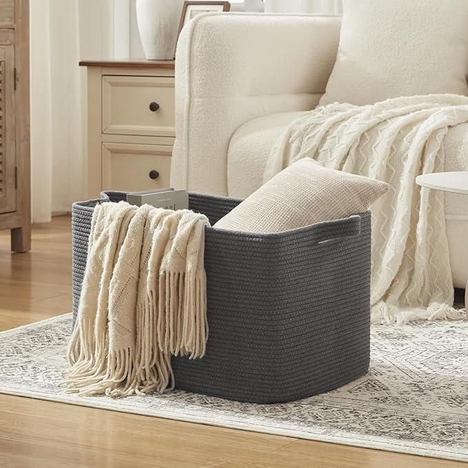 95L Extra Large Blanket Basket, 24" x 16.9" x 14.2" Woven Storage Basket for Living Room, Nursery Blanket Storage for Toys, Towels, Dirty Clothes (Grey)