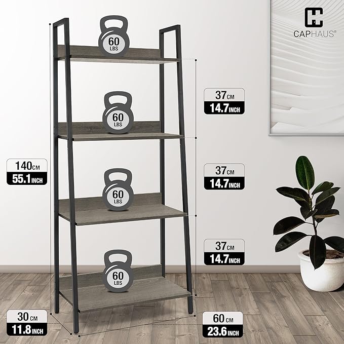 CAPHAUS 4 Tier Ladder Bookshelf, 24 Inch Width Free Standing Shelf, Bookcase Shelf Storage Rack Organizer, Industrial Book Shelves for Home Office, Living Room, Kitchen, Dark Grey Wooden Shelves