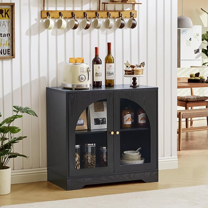 Mid-Century Modern Storage Cabinet with Door, 27" Short Floor Wood Sideboard Buffet Cabinet with Display Arched Acrylic Door & Adjustable Shelve for Bathroom, Living Room, Coofee Bar (Black)
