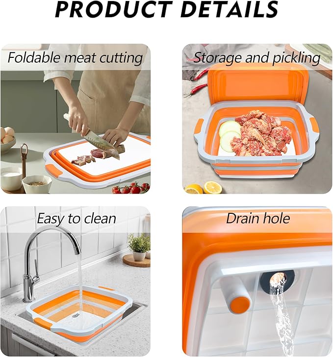 8L/16L BBQ Prep Tub with Cutting Board, Lid & Complimentary Mitts/Gloves – Collapsible Bucket for BBQ, Marinade, Picnic, Camping, Meat Prep – Orange/Black (Orange, X-Large Lid Lock)