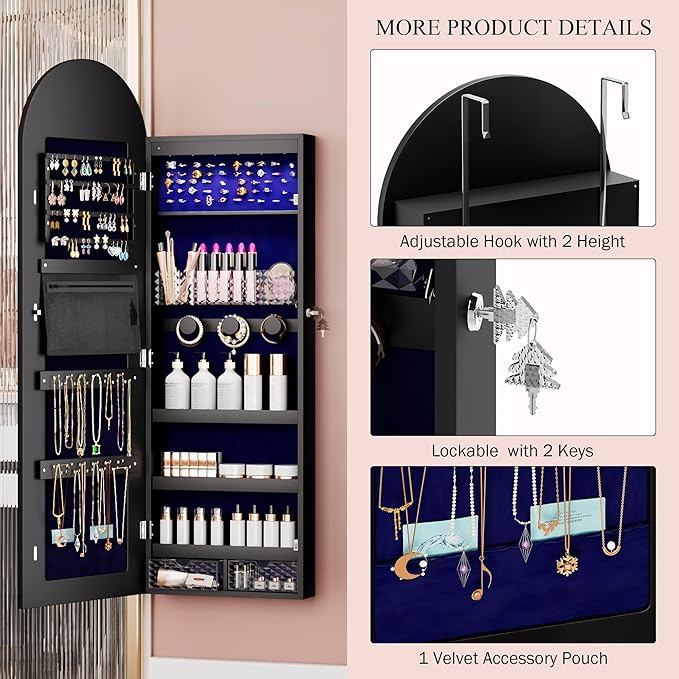 Jewelry Cabinet Organizer with Mirror, 47 inch Lockable Full-Length Mirror Jewelry Armoire Hanging Door/Wall Mounted with 6 LEDS, Arched Framed Mirror Cabinet with Storage, Gift for Women, Black