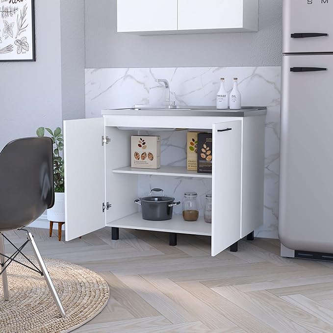 Oklahoma 2 Utility Sink & Cabinet, Interior Shelf, Aluminum Countertop,White -Kitchen Room