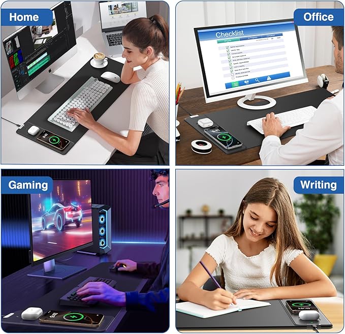 Magnetic Wireless Charging Mouse Pad, 27.5"x11.8" Gaming Desk Mat for Keyboard/Laptop, Non-Slip Base & 20W PD Adapter, Waterproof Smooth Desk Writing Pad for Gamer, Office & Home, Black