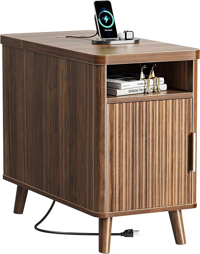Huuger Narrow End Table with Charging Station, USB-C Port, Fluted Nightstand with Storage Cabinet, Back Rack, Farmhouse Side Table for Small Spaces, 13.4 × 23.6 Inch Night Stand, Walnut