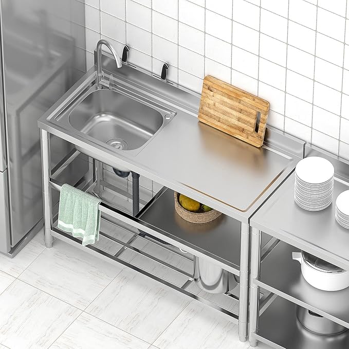 Free Standing Stainless-Steel Single Bowl Commercial Restaurant Kitchen Sink Set w/Faucet & Drainboard, Prep & Utility Washing Hand Basin w/Workbench & Double Storage Shelves Indoor Outdoor (47in)