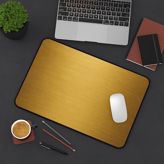 Brushed Metal Texture Desk Mat - Extended Mouse Pad & Desk Pad, Neoprene Surface, Non-Slip Rubber Base, Stitched Edges, Desk Protector for Keyboard & Mouse (Gold, 12x18)
