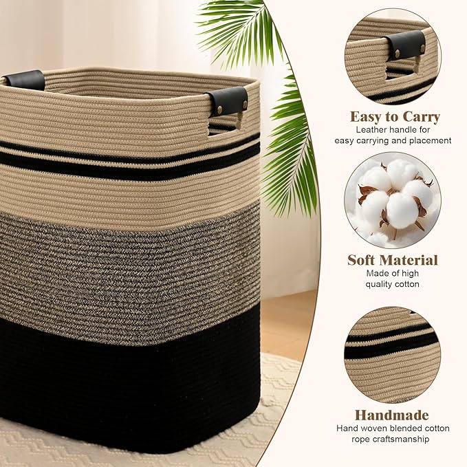 Laundry Hamper, 85L Tall Laundry Basket with Leather Handles, Rectangle Large Clothes Hamper for Organizing, Cotton Woven Laundry Baskets Storage Hampers for Bedroom, Nursery, Living Room