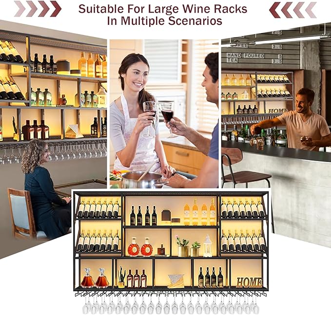 3 Tier Large Wine Rack Wall Mounted with Glass Holder, Black Modern Iron Liquor Shelf, 78.7 Inch Large Wine Bottle Display Shelf, for Kitchen Dining, Home Bar, Cellar (78.7" W)