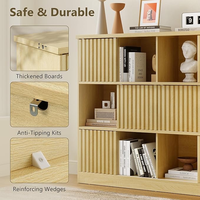 iPormis 12 Cube Bookcase with 6 Fluted Sliding Doors, 3 Tier Wooden Bookshelf, 47.2” Freestanding Cube Storage Organizer for Living Room, Office, Bedroom, Semi-Open Bookshelves, Natural