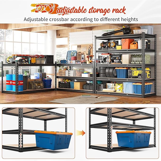 REIBII 48" W Garage Shelving 3020LBS Storage Shelves 5 Tier Heavy Duty Shelving Adjustable Garage Shelves for Basement, Warehouse, Commercial, Easy Assemble, 48" W x 72" H x 24" D, 2PC