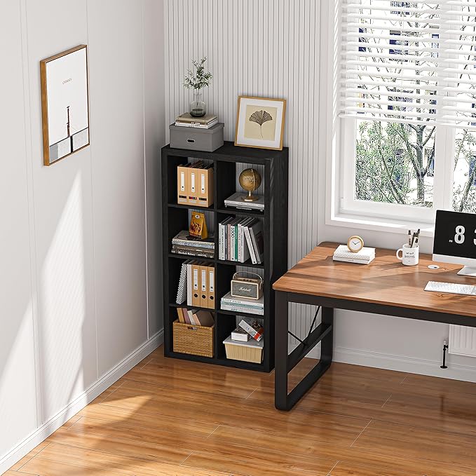Bookshelf with Storage Bin, 6-Cube Storage Organizer, Modern Wood Open Bookcase, Multifunctional Display Shelf for Living Room, Bedroom, Home Office, Black