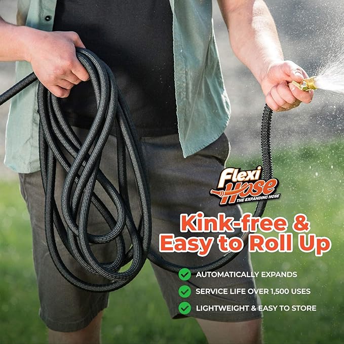 Flexi Hose Lightweight Expandable Garden Hose, 75FT -Retractable Garden Hose, Water Hose - No-Kink Flexibility, 3/4 Inch Solid Brass Fittings and Double Latex Core
