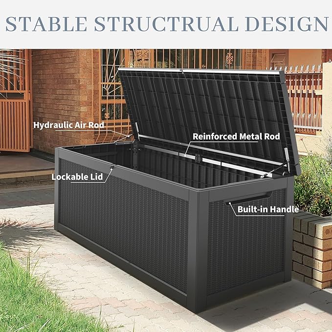 260 Gallon Large Resin deck box Waterproof,Outdoor Storage Bench,Patio Storage Box,Garden Tool Storage,Resin Large Sturdy Deck boxes with Double Wall Panels,Rattan Black