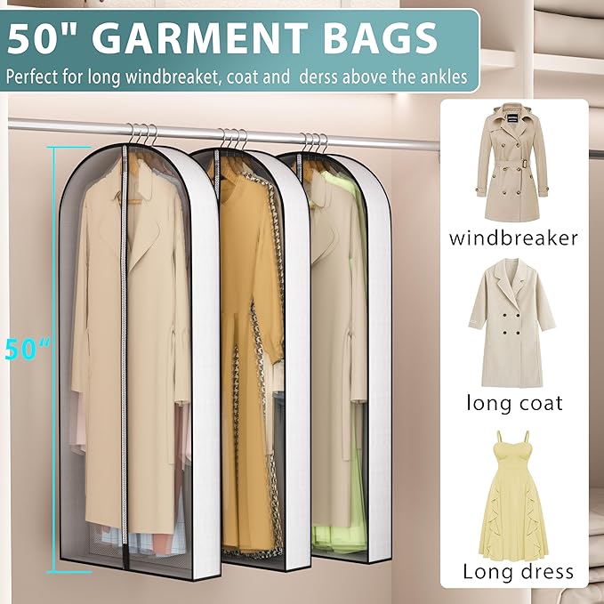 50” Garment Bags for Hanging Clothes 4” Gusseted - with Clear Window, Breathable Fabric, Metal Zipper, Suit Coat Long Dress Protector for Clothes Closet storage, Season Off, Moving, 3 Pack