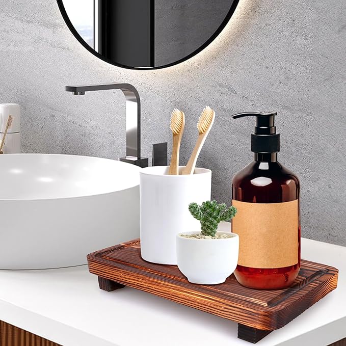 Farmhouse Bathroom Counter Organizer Wood Risers Display Pedestal Stand Small Kitchen Countertop Trays Decorative Wooden Dish Soap Dispenser Holder for Bathroom Decor Sink Accessories Vanity Tray