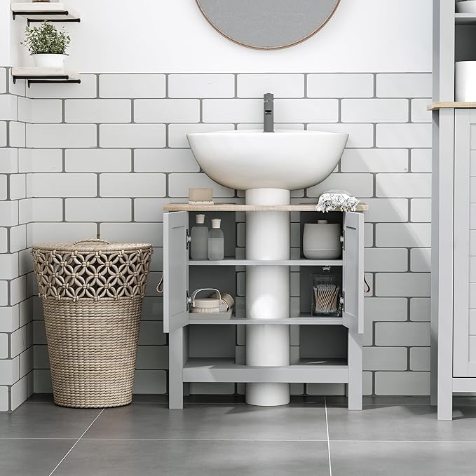 Kleankin Pedestal Sink Storage Cabinet, Under Sink Bathroom Vanity with Adjustable Shelf and Open Bottom Shelf, Gray
