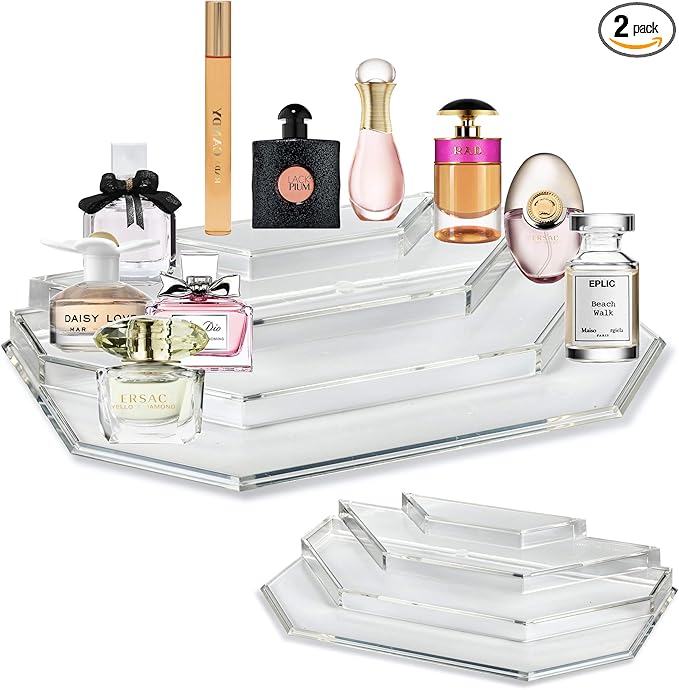 Acrylic Mini Perfume Organizer & Mini Scented Oils Organizer Vanity Display Case 4 Tier Storage Travel Size Rollerball Beauty Perfume Bottles Refillable Tray (2)