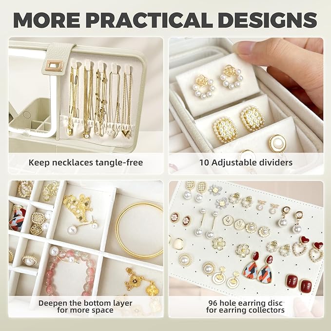 LED Jewelry Box with Mirror- Jewelry Organizer with Movable Compartment Pieces, 6.69 x 9.45 x 3.74 Inches, PU Surface Womens Jewelry Case for Necklaces, Rings, Bracelets, Gift for Women,Cloud White