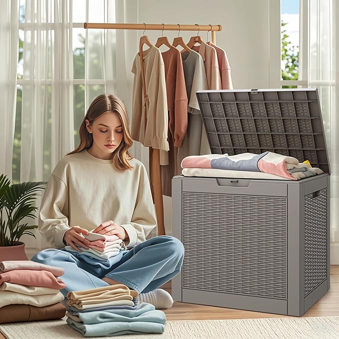 31 Gallon Outdoor Storage Deck Box Waterproof,Garden Tool,Backyard Cushion,Poolside Storage,Small Delivery Boxes for Outside,Lockable Lid,Rattan Grey