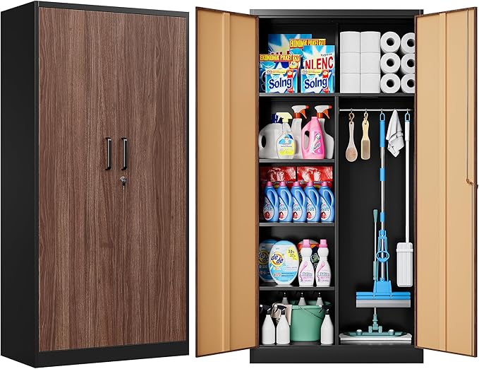Wide & Deep Metal Storage Cabinet with Hanging Rod,Broom Closet Storage Cabinet with Lock,72" Tall Wardrobe Cabinets with Doors and Shelves,Locking Steel Tool Cabinets for Home,Office,Garage