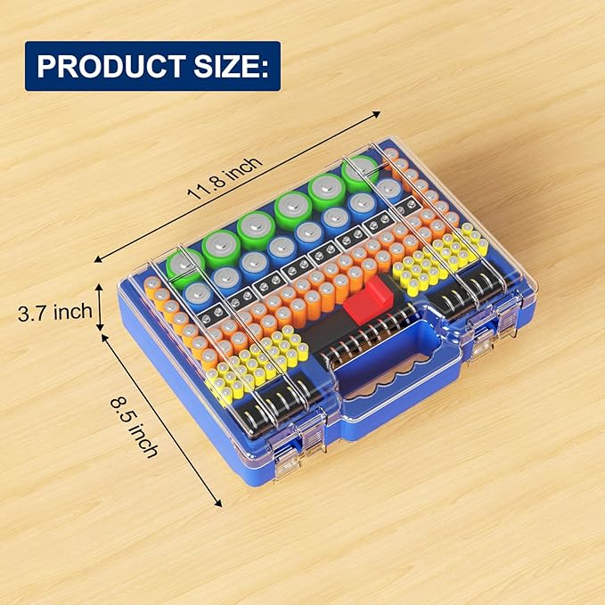Battery Organizer Storage Holder Box Case with Tester, Stores & Protects Up to 260 Batteries, Double-Clear Locking Lid, Holds AA AAA C D and More (Blue)