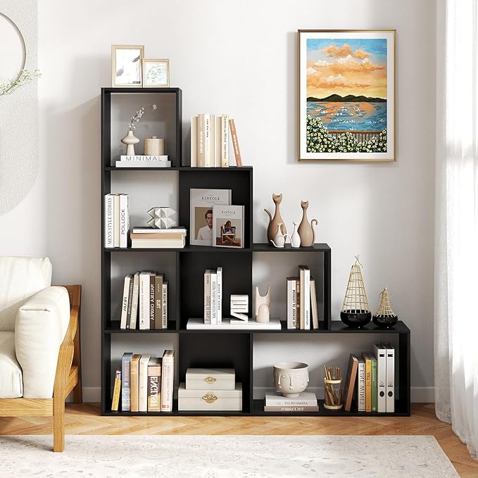 Tangkula 4-Tier Stepped Bookshelf, Freestanding 6 Cubes Ladder Bookcase with Anti-Tipping Kits, 64" Tall Modern Wooden Storage Display Rack for Home Office Living Room Study (1, Black)