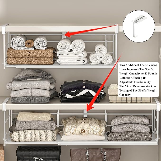 Expandable Under Cabinet Shelf, Extendable Under Shelf Storage with Removable Wire-Like Back for Pantry Cabinet, Laundry Room, Shoe Rack. (White, 2 Pack, Interior: 5" H x 10" D)