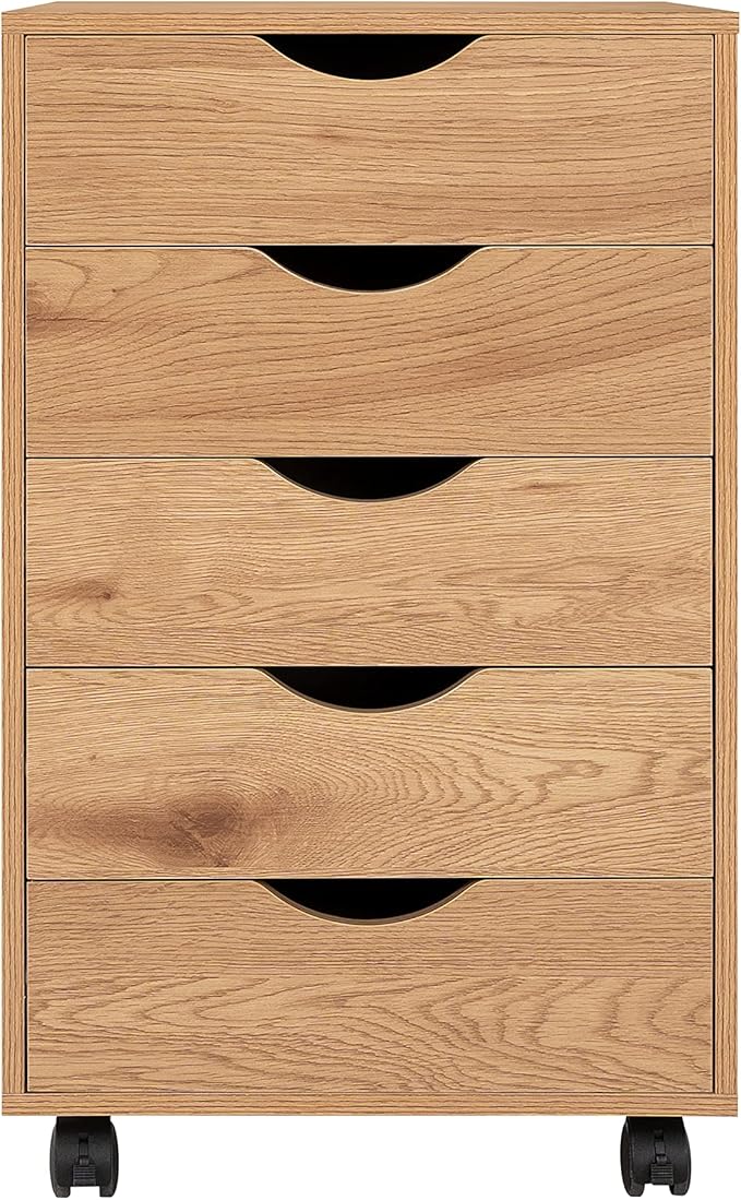 Naomi Home Taylor 5 Drawer Chest, Wood Storage Dresser Cabinet with Wheels, Craft Storage Organization, Makeup Drawer Unit for Closet, Bedroom, Office File Cabinet 180 lbs Total Capacity - Natural