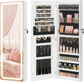 SONGMICS LED Mirror Jewelry Cabinet Armoire, Wall or Door Mounted Jewelry Storage Organizer, Hanging Lockable Frameless Mirror Cabinet with 2 Plastic Cosmetic Organizers, Christmas Gift Idea, White