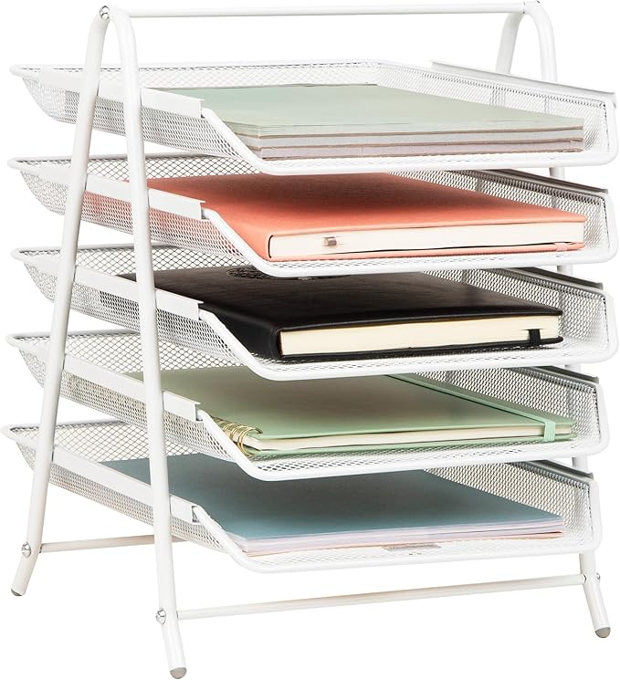 Mind Reader 5-Tier Paper Tray Organizer, Vertical Desktop File Storage Rack, Office, Metal Mesh, White
