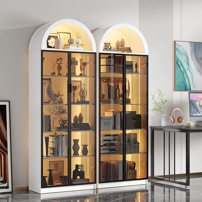 Display Cabinet with Doors and Adjustable Shelves, 76" Tall Display Case with LED Lights/Arch Storage Space, 6 Tier Bookcase for Collectibles Bedroom Living Room Office, White