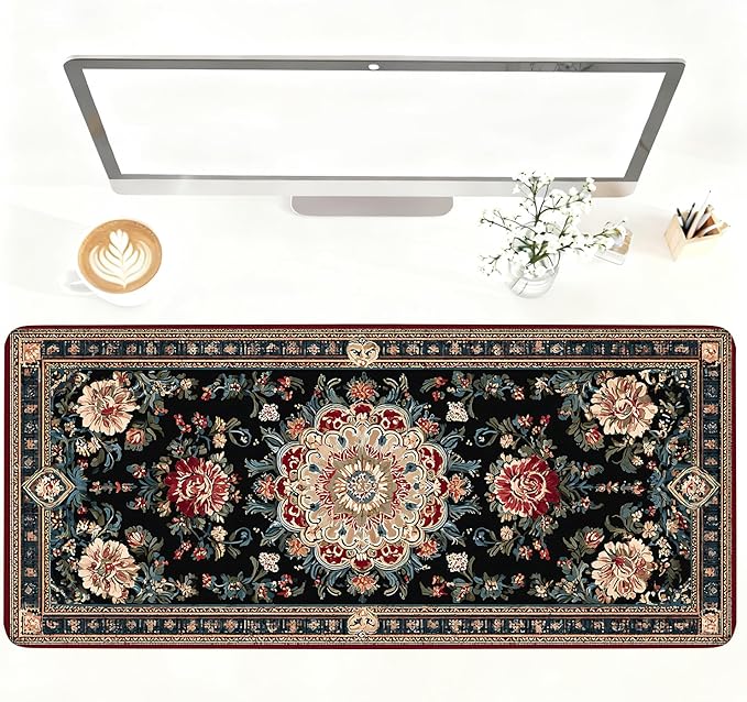 Vintage Persian Carpet Mouse Pad – Large Extended Desk Mat 35.43 x 15.75 in – Oriental Floral Rug Design, Non-Slip Rubber Base, Stitched Edges, Soft Keyboard & Mouse Mat for Office or Gaming