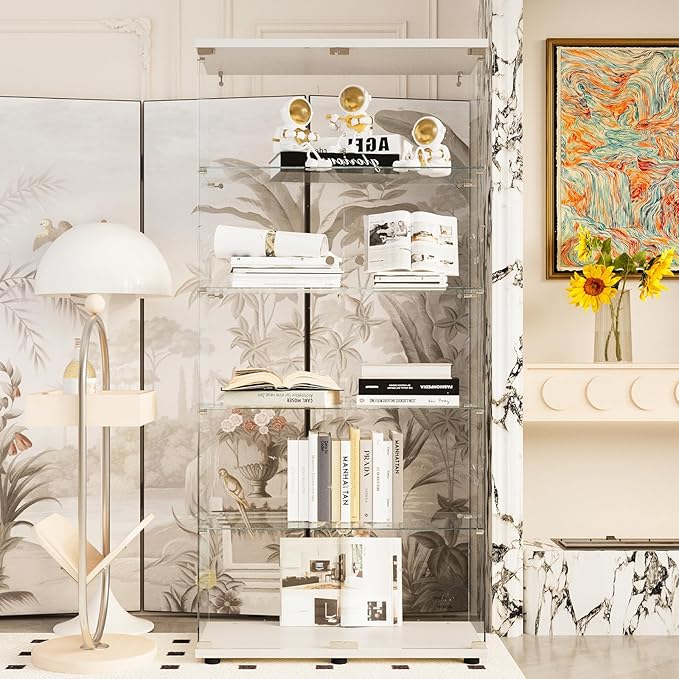 Beauty4U Glass Display Cabinet with 5 Shelves, Curio Cabinets for Living Room, Bedroom, Office, White Floor Standing Glass Bookshelf, Quick Installation