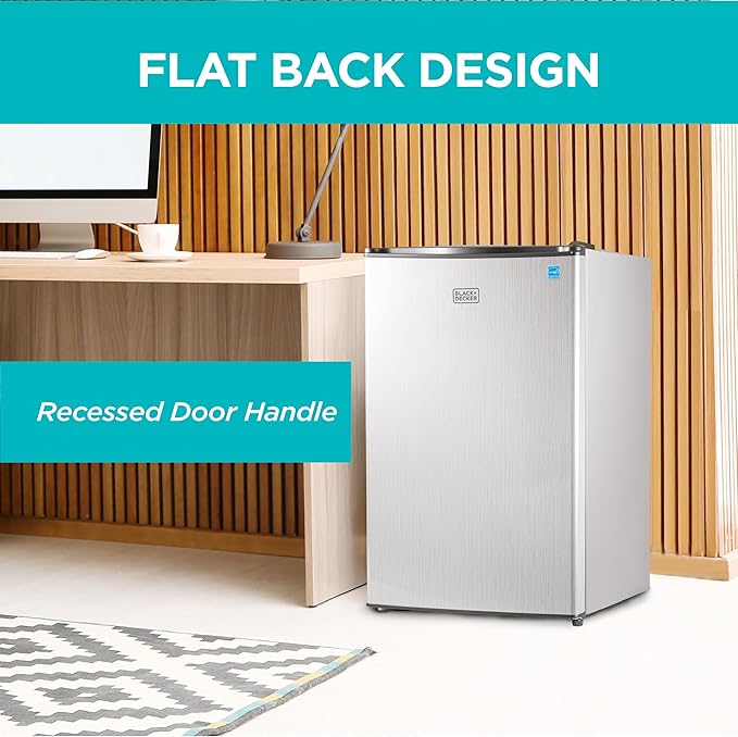 BLACK+DECKER 4.3 Cu. Ft. Compact Refrigerator, ENERGY STAR Certified, Single Door Mini Fridge with Chiller Compartment, Personal Fridge for Home or Dorm Room, BCRK43V, Stainless Look