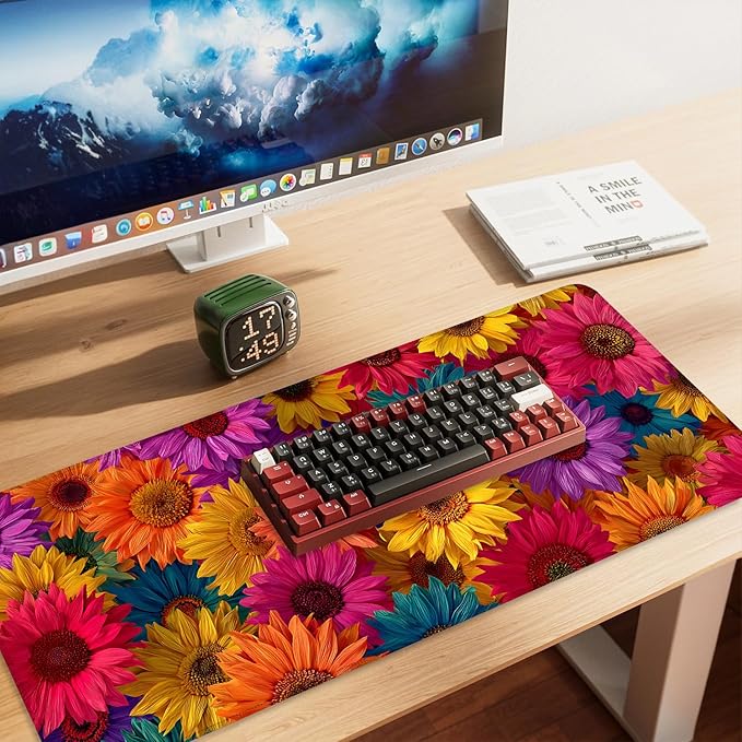 Colorful Floral Mouse Pad – Large Extended Desk Mat 35.43 x 15.75 in – Bright Rainbow Sunflower Design, Non-Slip Rubber Base, Waterproof Surface, Oversized Keyboard & Mouse Pad for Office or Gaming