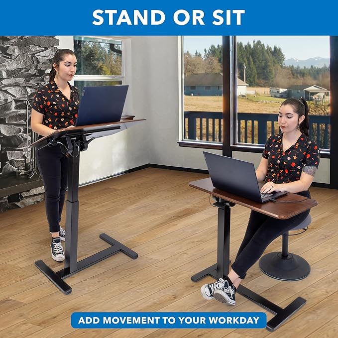Mount-It! Rolling Bedside Table, Overbed Tray Table on Wheels for Hospital or Home Meals in Bed, Adjustable Height Tilting Swivel Standing Laptop Desk 31"x15" with Wheels, Walnut Color 27" to 41" High
