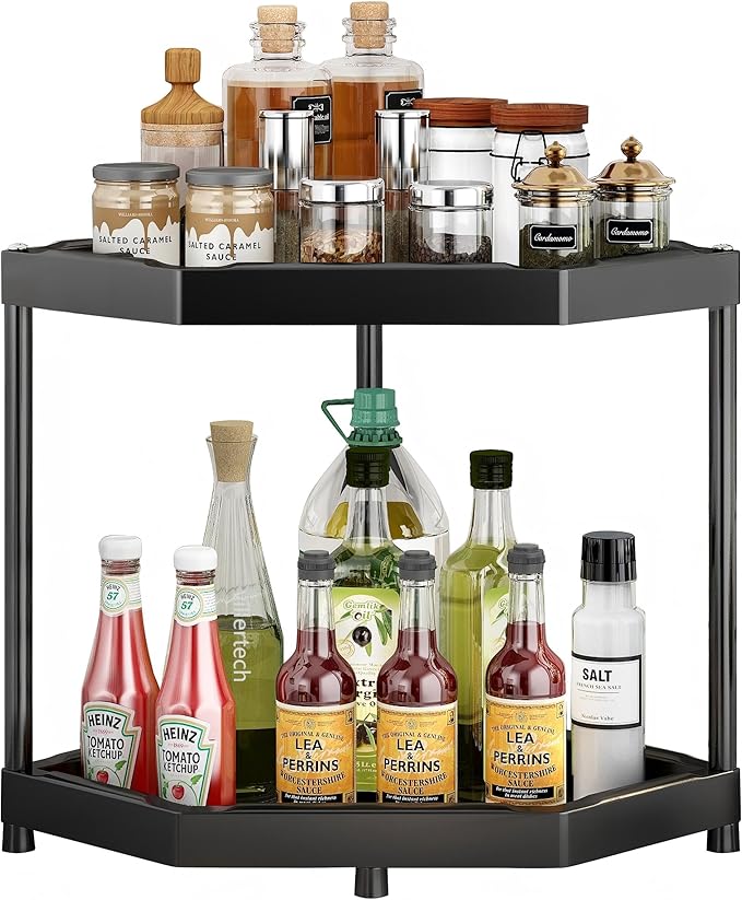Kitchen Corner Shelf Countertop 2 Tier Bathroom Counter Organizer Cabinet Corner Storage Shelf Spice Rack Makeup Organizer Under Sink Organizer Black