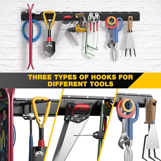 Garage Tool Organizer Wall Mount with 48 inches Rails and 7 Adjustable Heavy-Duty Hooks, Garden Tool Organizer, 10 Pack Carries 440 lbs, Heavy Duty Garage Storage Rack For Yard, Shed, Easy to install